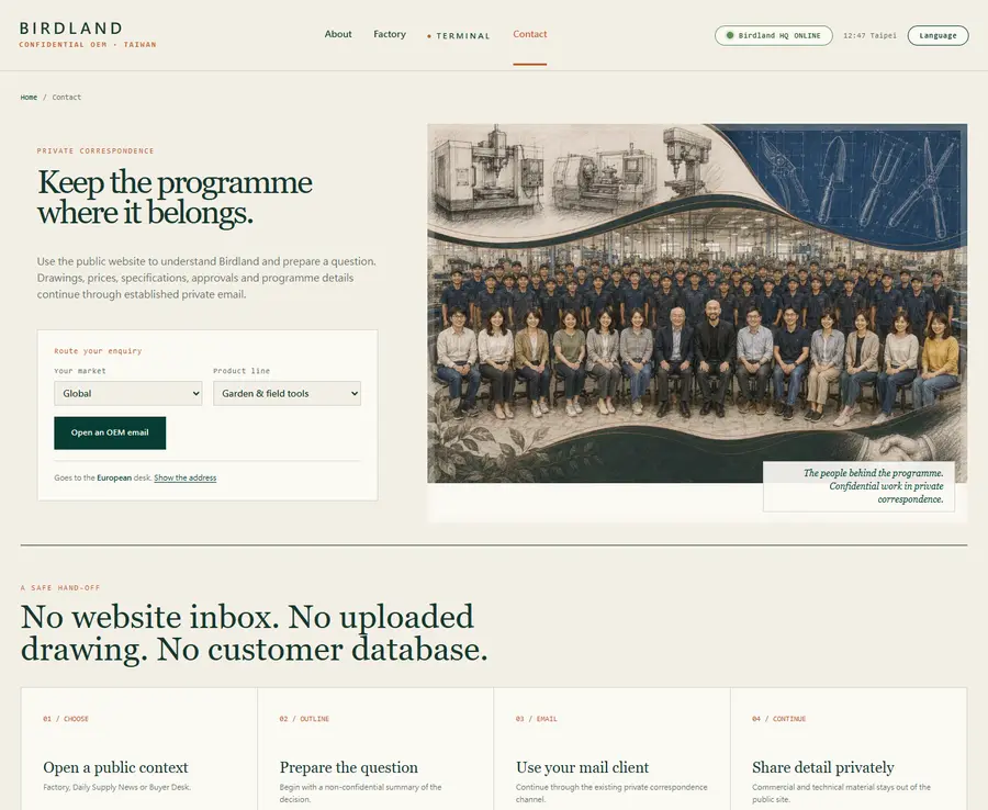 The Contact page: your enquiry routed to a regional desk