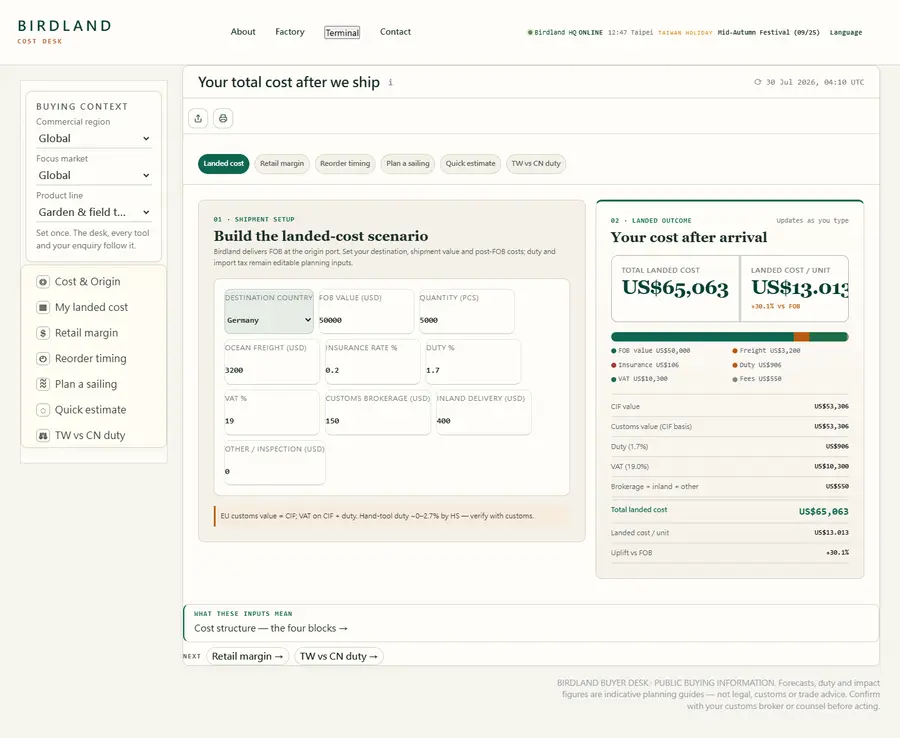 The Cost Desk: landed cost, per unit, from your own figures