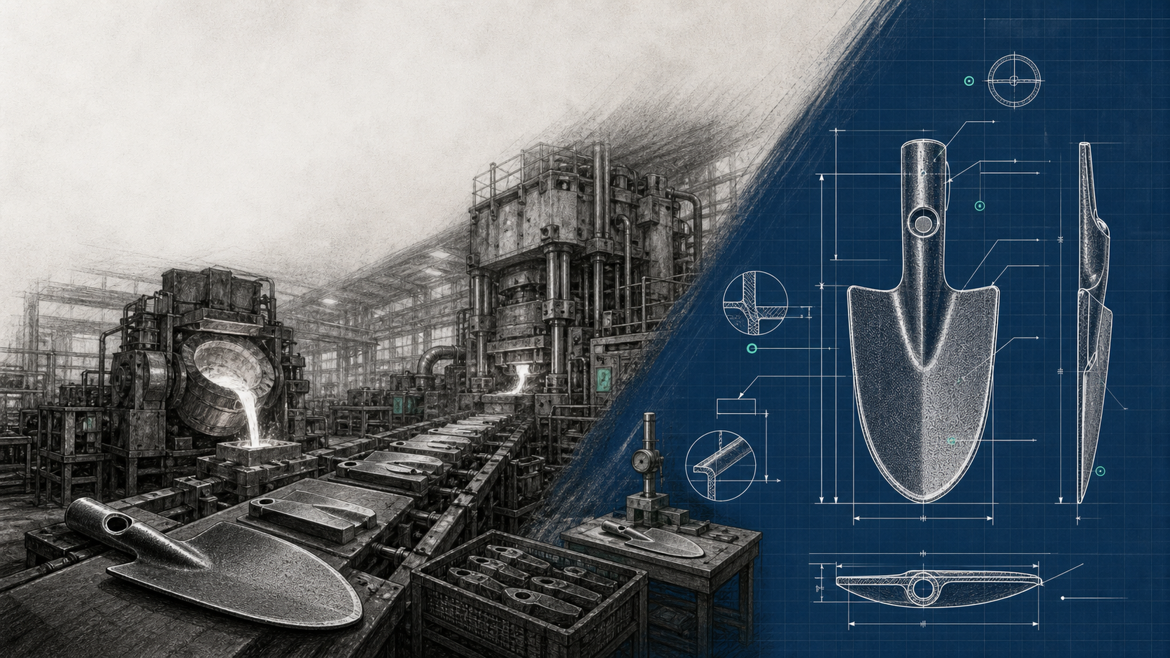 Charcoal illustration of a cast-iron foundry line transitioning into a blue technical drawing of a hand trowel