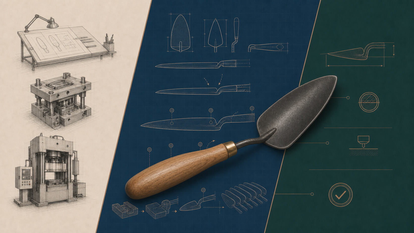 A traditional Dutch hand trowel spanning confidential OEM engineering, controlled production and quality inspection.