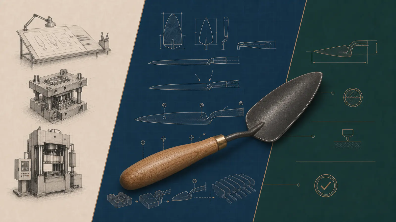 A traditional Dutch hand trowel spanning confidential OEM engineering, controlled production and quality inspection.