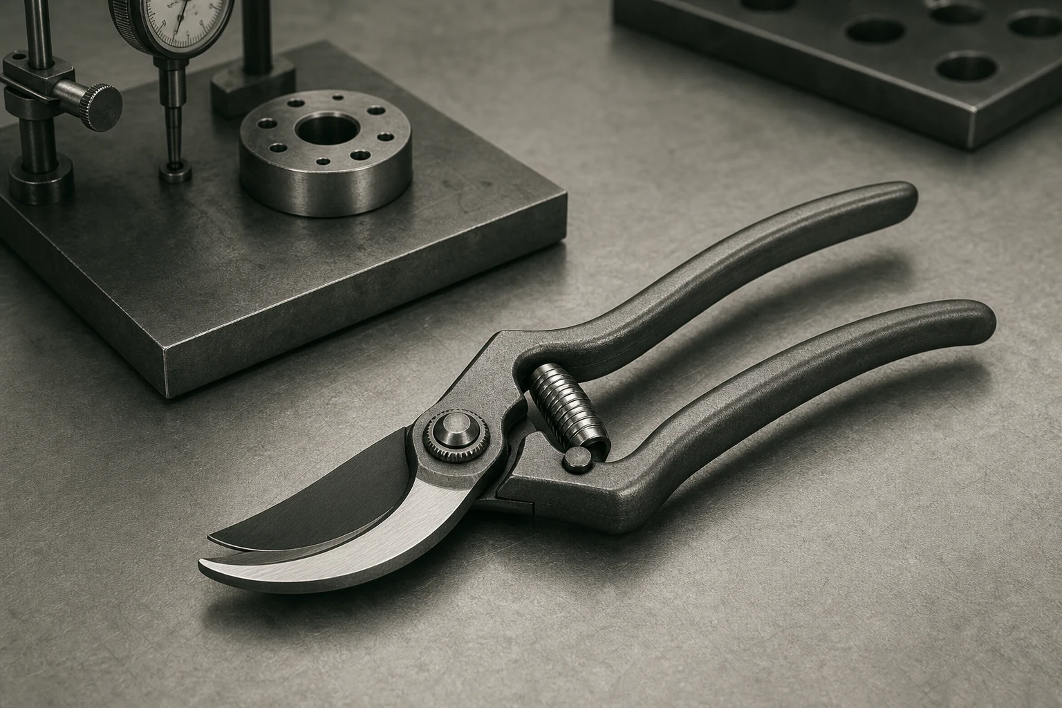Forged bypass pruner on an inspection bench